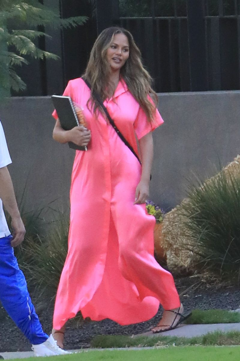 Chrissy Teigen in a Pink Satin Dress - Pumpkin Farm 10/25/2020 • CelebMafia