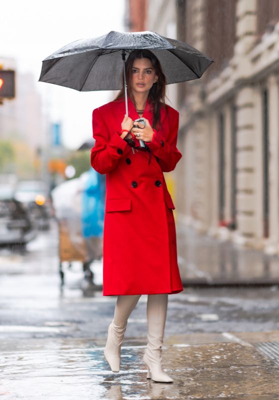 Emily Ratajkowski in a Red Trench Coat – NYC 10/29/2020