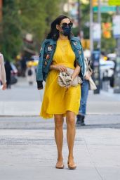 Famke Janssen in a Bright Yellow Dress and Denim Jacket - New York 10/01/2020