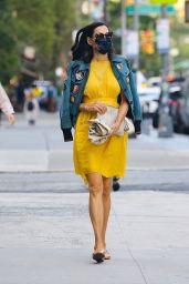 Famke Janssen in a Bright Yellow Dress and Denim Jacket - New York 10/01/2020