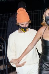 Hailey Bieber in a Skintight Black Dress and zebra Bottega Veneta Bag - Arriving for SNL in NY 10/17/2020