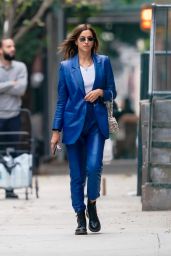 Irina Shayk in a Blue Leather Suit and Sheer White Top - NYC 10/23/2020