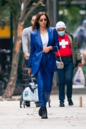 Irina Shayk in a Blue Leather Suit and Sheer White Top - NYC 10/23/2020
