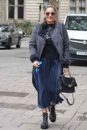 Kelly Brook Arriving in a Blue Metallic Dress, High Platform Ed Boots and a Star Jumper - London 10/15/2020