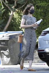 Lily Collins in a Floral Print Dress and Mustard Yellow Flats - LA 10/02/2020