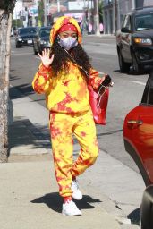 Skai Jackson in a Red and Yellow Hoodie and Sweat Pants at the DWTS Studio in LA 10/28/2020