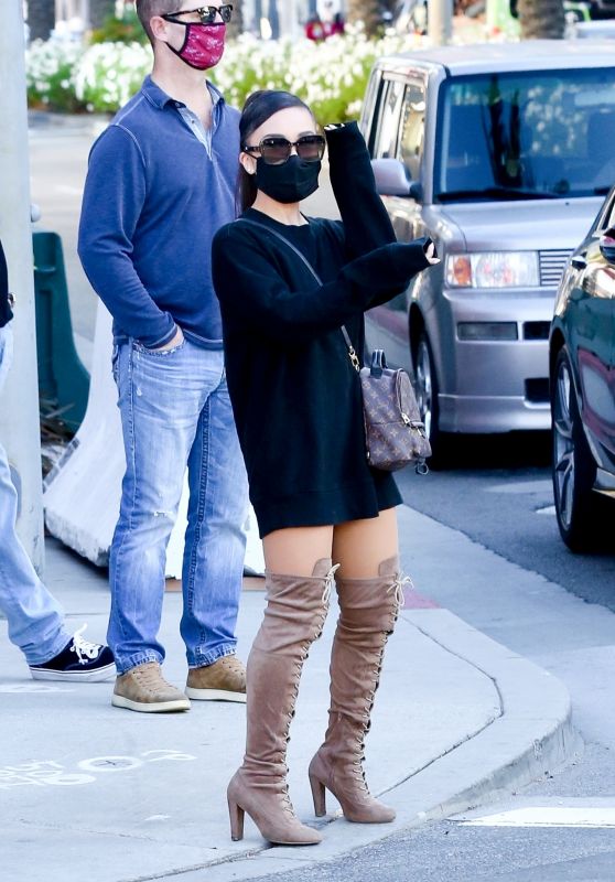 Ariana Grande in a Black Dress and Knee Beige Boots - Beverly Hills 11/14/2020