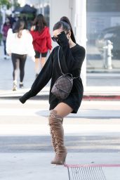 Ariana Grande in a Black Dress and Knee Beige Boots - Beverly Hills 11/14/2020