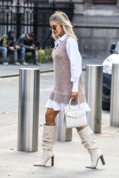 Ashley Roberts in a Shirt Dress and Vest Combo with Knee-High White Heel Boots - London 11/18/2020