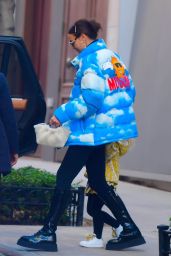Irina Shayk in a Sky-And-Cloud Print Puffy Jacket in NYC 11/24/2020