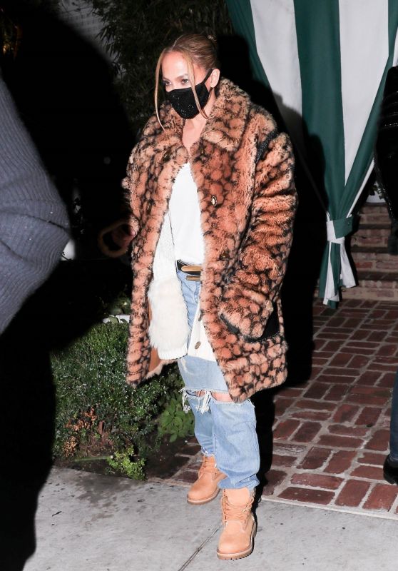 Jennifer Lopez in an Animal Print Coach Coat, Timberland Boots and Denim 11/21/2020