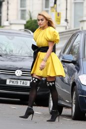 Rita Ora in a Puffy Canary Yellow Mini Dress - London 11/23/2020