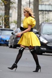 Rita Ora in a Puffy Canary Yellow Mini Dress - London 11/23/2020