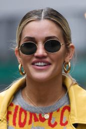 Ashley Roberts in a Yellow Trench Coat and Red PVC Trousers - London 12