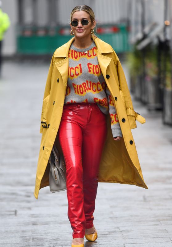 Ashley Roberts in a Yellow Trench Coat and Red PVC Trousers - London 12/09/2020