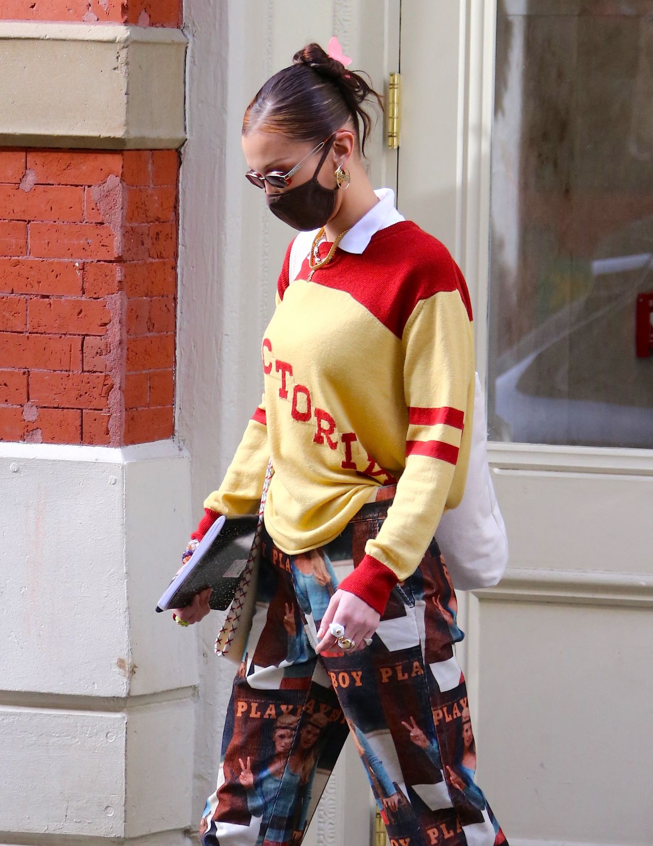 Bella Hadid Wears Sold-Out Telfar Bag and Playboy Pants in NYC