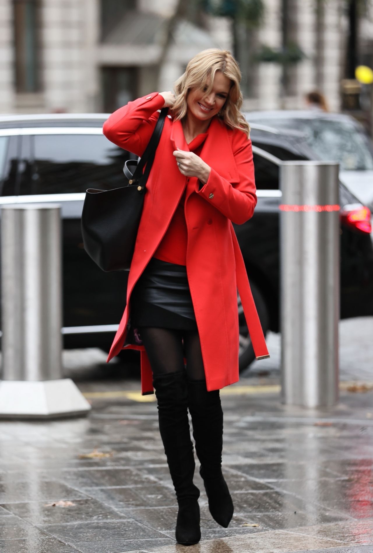 Charlotte Hawkins in Leather Mini Skirt and Thigh High Boots - London