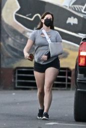Lana Del Rey in Light Grey Teeat and Pair of Black Mini Shorts - Hugo
