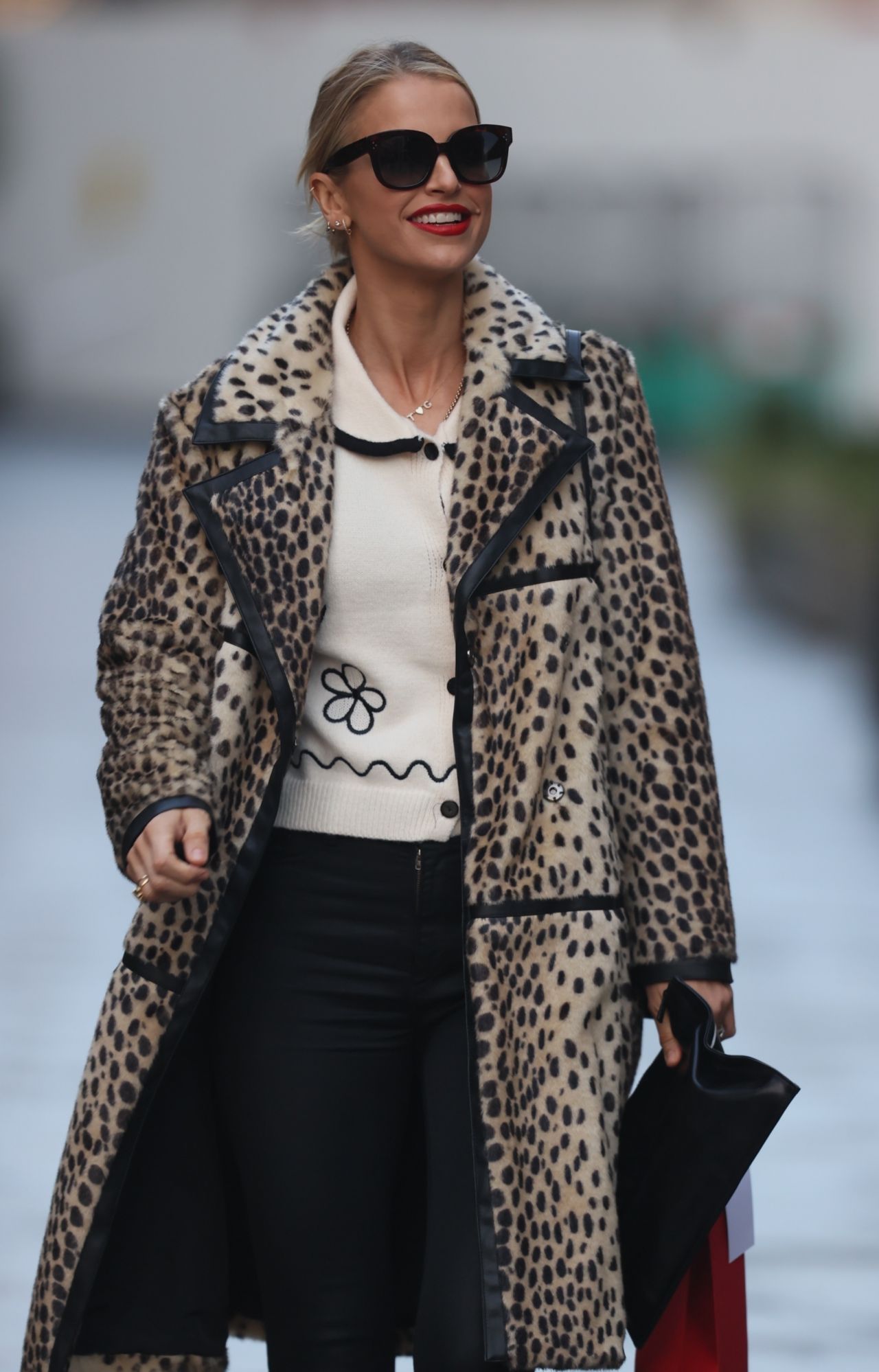 Vogue Williams in Leather Trousers and Animal Print Coat - London 12/20