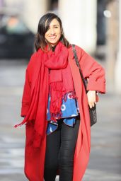 Anita Rani in a Bright Red Coat and Scarf in London 01/29/2021