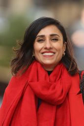 Anita Rani in a Bright Red Coat and Scarf in London 01/29/2021