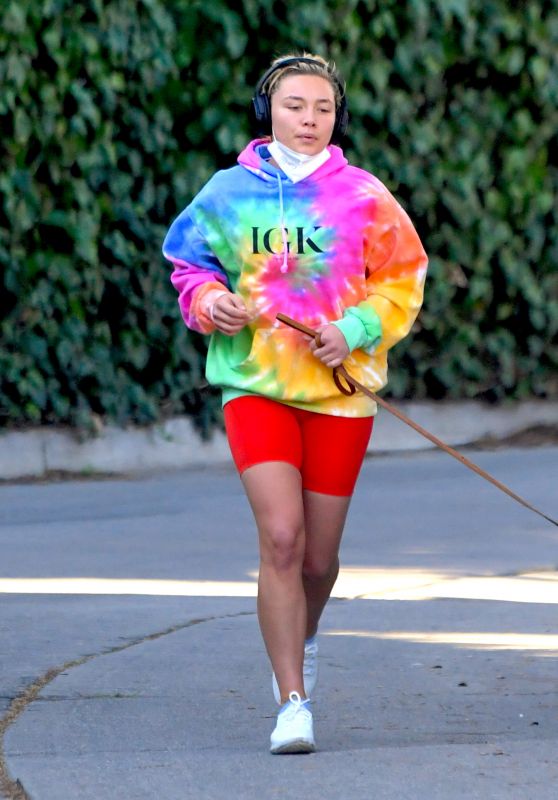 Florence Pugh in a Colorful Tie-Dye Hoodie - Los Angeles 01/06/2021