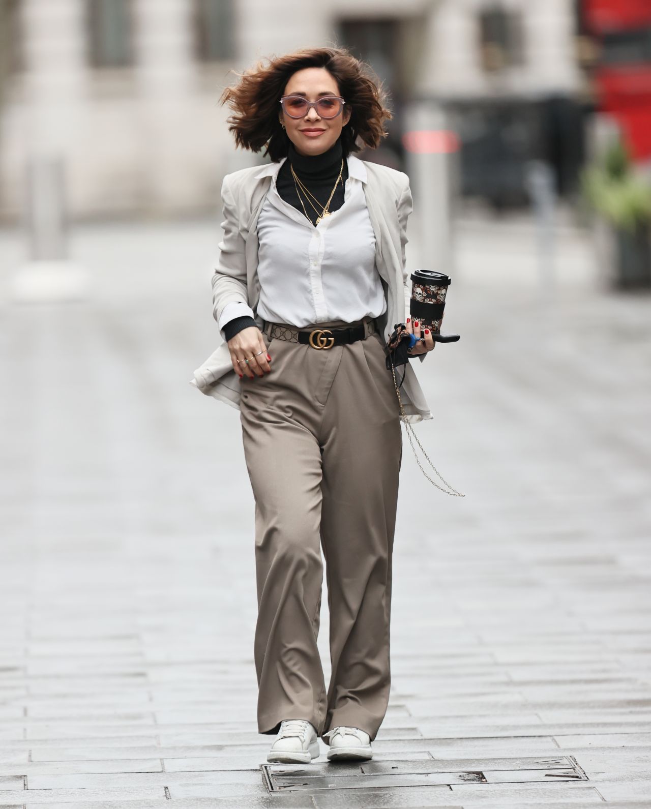 Myleene Klass in a Blazer, Shirt and Wide-Leg Trousers - London 01/02 ...