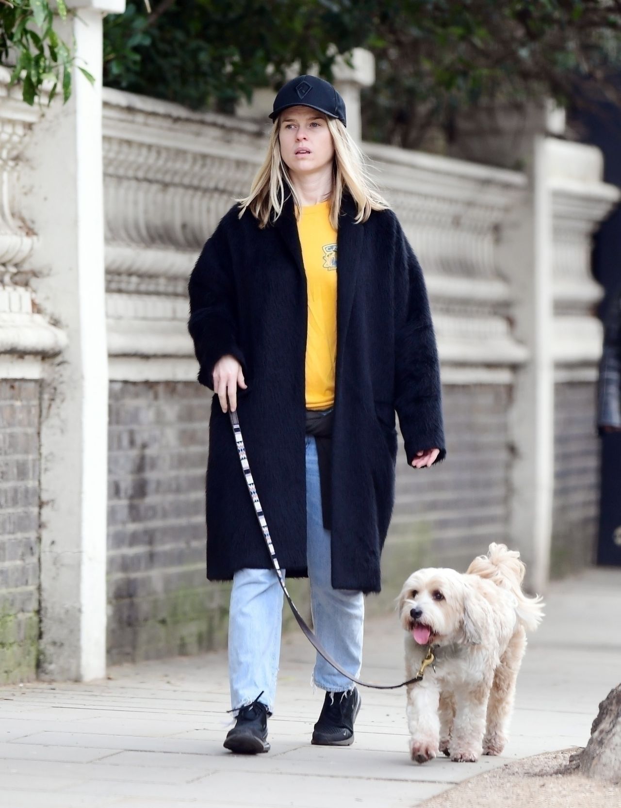Alice Eve stays cozy in a black jacket, sweater and leggings while out  walking her dog in Chelsea, London-041023_7
