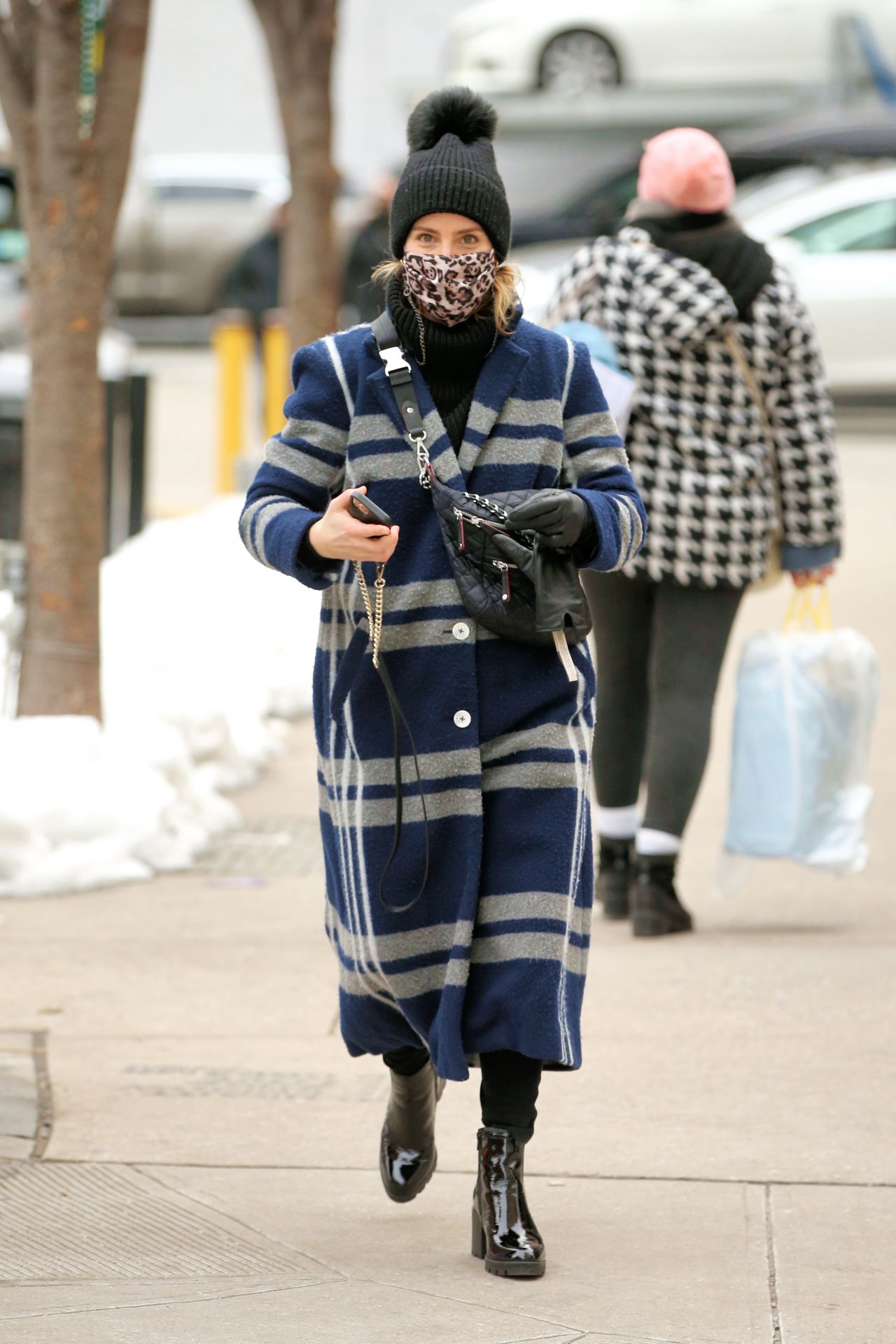 Dianna Agron in a Navy Striped Coat, Pom Pom Hat and MZ Wallace