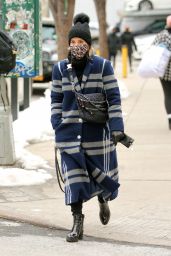 Dianna Agron in a Navy Striped Coat, Pom Pom Hat and MZ Wallace Purse - New York 02/10/2021