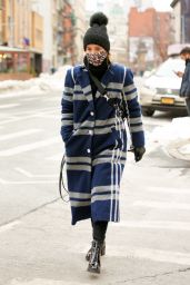 Dianna Agron in a Navy Striped Coat, Pom Pom Hat and MZ Wallace Purse - New York 02/10/2021