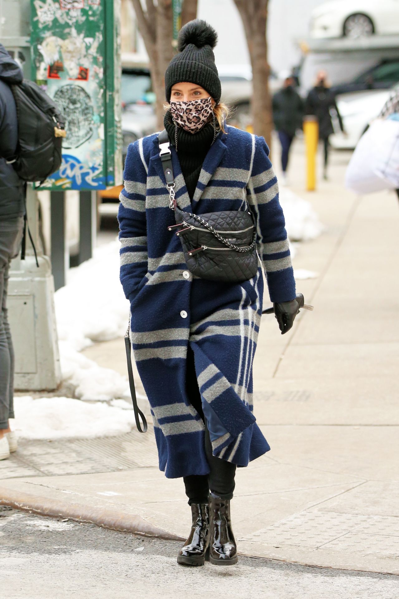 Dianna Agron in a Navy Striped Coat, Pom Pom Hat and MZ Wallace Purse ...