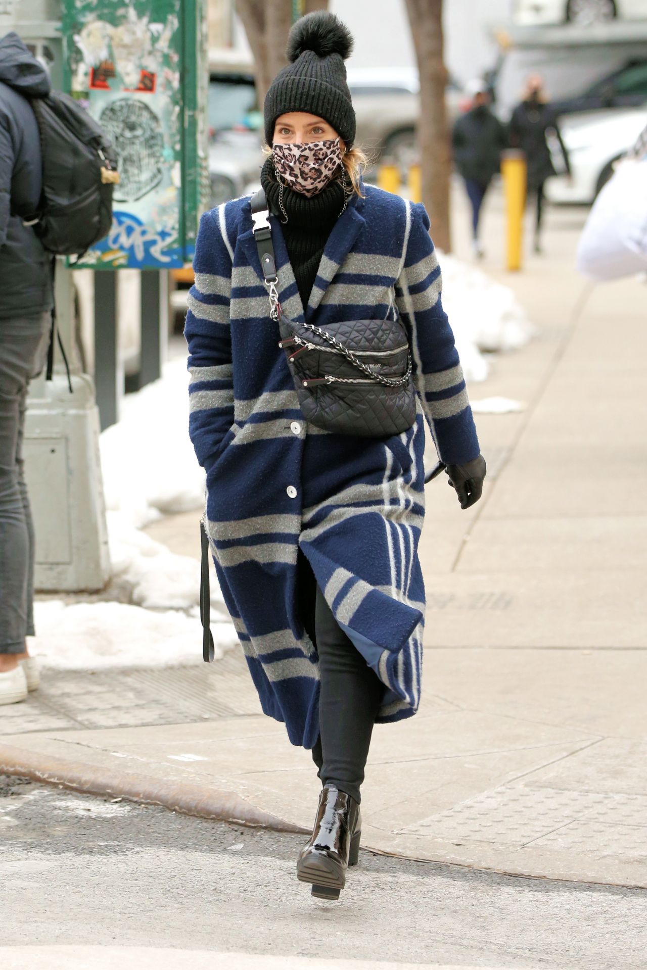 Dianna Agron in a Navy Striped Coat, Pom Pom Hat and MZ Wallace