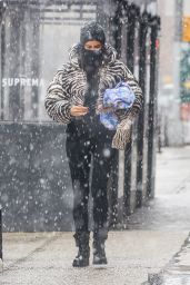 Irina Shayk in a Zebra Puffer Jacket - New York 02/22/2021