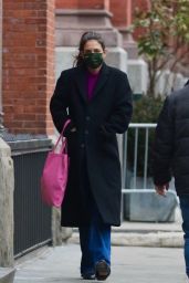 Katie Holmes in a Purple Sweater and Carrying a Pink Bag - NYC 02/15/2021