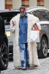 Lori Harvey in a White Fur Coat - Shopping in SoHo, NY 02/15/2021