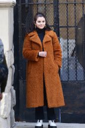 Selena Gomez in a Long Brown/Orange Furry Coat - "Only Murders in the Building” Set in NY 02/24/2021