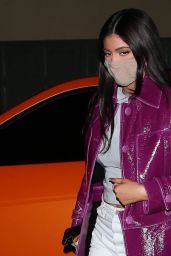Kylie Jenner in a Purple Designer Trench Coat at Craigs in West Hollywood 03/07/2021