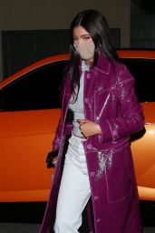 Kylie Jenner in a Purple Designer Trench Coat at Craigs in West Hollywood 03/07/2021