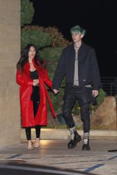 Megan Fox Weaning a Long Red Leather Trench Coat and PVC Pants - Nobu in Malibu 03/18/2021