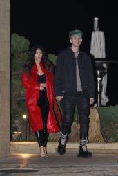 Megan Fox Weaning a Long Red Leather Trench Coat and PVC Pants - Nobu in Malibu 03/18/2021