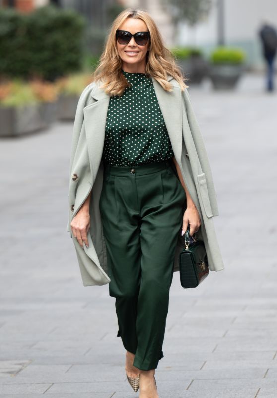 Amanda Holden in a Green Polka Dot Silk Top and Suit Trousers 04/29/2021