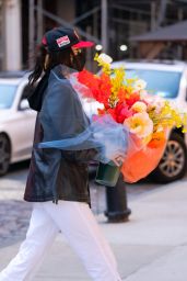 Bella Hadid With a Huge Bouquet of Flowers in New York 04/23/2021
