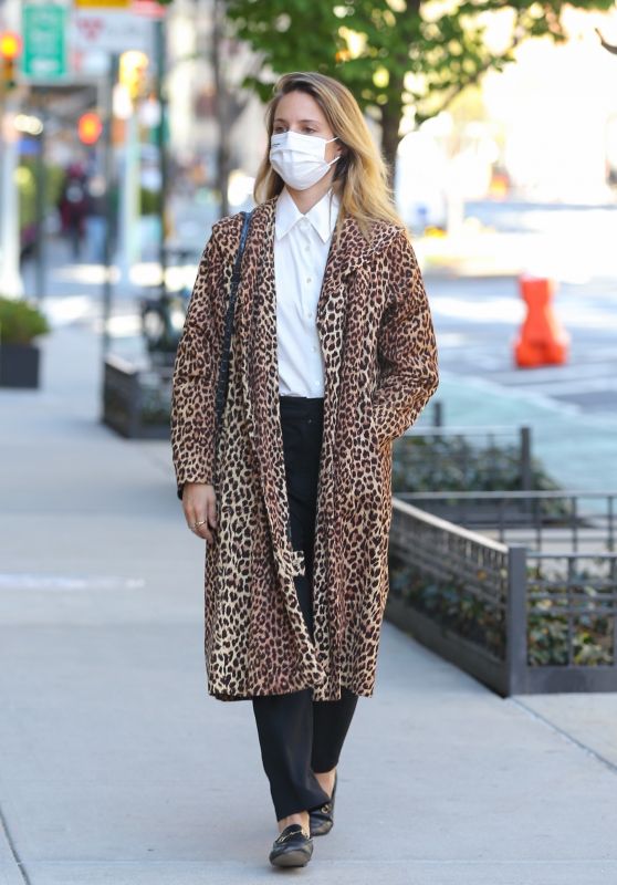 Dianna Agron in a Leopard Print Overcoat in New York 04/13/2021