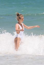 Julianne Hough in a White Swimsuit at the Beach in Tulum 04/29/2021