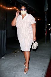 Lizzo in a Pink and White Striped Dress at Crossroads Kitchen in LA 04/13/2021