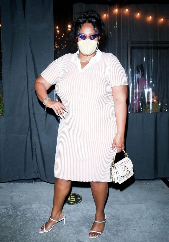 Lizzo in a Pink and White Striped Dress at Crossroads Kitchen in LA 04/13/2021