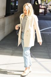 Mollie King in Striped Top Denim Trousers and Cream Blazer 04/24/2021