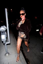 Rihanna in a Brown Fringe Mini Dress and Strappy Heels at Delilah in West Hollywood 04/11/2021