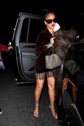 Rihanna in a Brown Fringe Mini Dress and Strappy Heels at Delilah in West Hollywood 04/11/2021